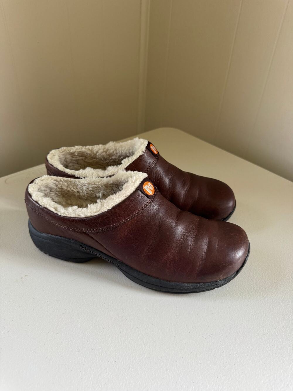 Merrell Primo Chill Slide Clogs Brown Leather Faux Fur Lined Mules 9.5